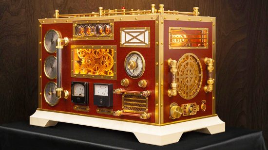 A custom steampunk PC build in red, gold, and white