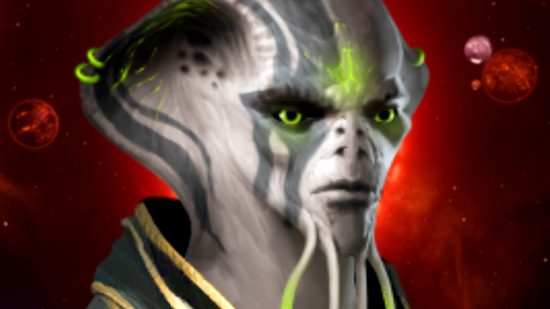 Stellaris expansion subscription is out now on Steam - A grey-skinned humanoid alien with green eyes and chin feelers.