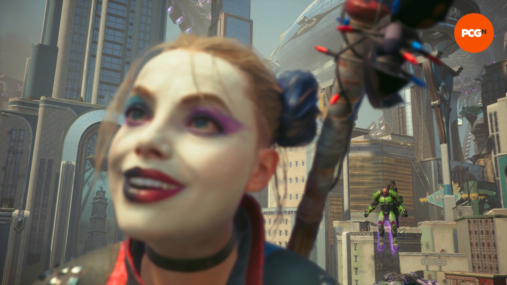 Suicide Squad Kill the Justice League review: close up of Harely Quinn with Lex Luthor hovering in the background.