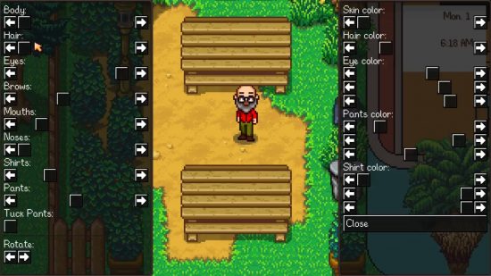 Character customization in Sunkissed City, showing a bald man with a grey beard, with two columns of customization options.