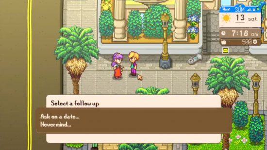 The player character has the option to ask an NPC out on a date in the dialogue follow-up options in Sunkissed City.
