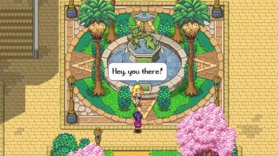 Camille says "Hey! You there!" to the player, as she stands in front of a fountain in Sunkissed City.