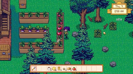 A player character forages tomatoes from the outdoor planters in Sunkissed City.