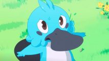 TemTem Swarm Steam: a blue bipedal duck with a giant bill, looking upwards