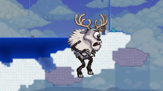 Deerclops, a grey, one-eyed mountain deer, and one of the Terraria bosses.