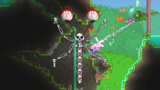 Mechdusa, a long, straight skeleton with two large eyeballs coming out of its skull, one of the Terraria bosses.
