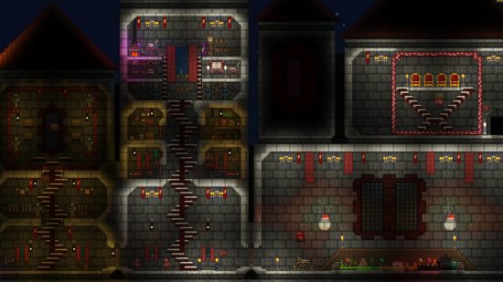Terraria mods: a dark castle, with multiple candlelit rooms.