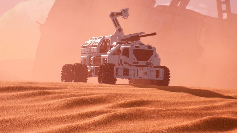A large white rover explores a desert plain in Terratech Worlds.