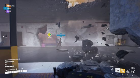 The player dashes through falling wreckage following an explosion.