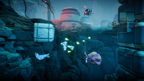 The Mobius Machine guide: the player is shooting at underwater fauna on an alien planet close to an abandoned facility.