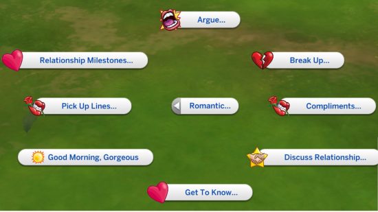 The best Sims 4 mods - the one with all the romance: additional interaction options are shown for The Sims 4 relationships, including argue, break up, and compliment.