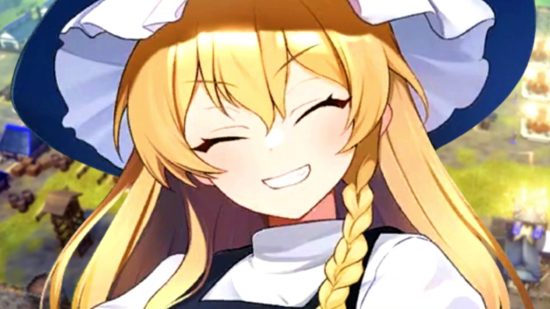 The Touhou Empires - A blonde-haired anime woman smiles widely, standing before a small village in this anime RTS game.