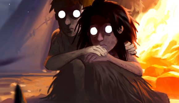 The Tribe Must Survive launches via Steam Early Access - Two people with bright white eyes huddle together next to a roaring fire.