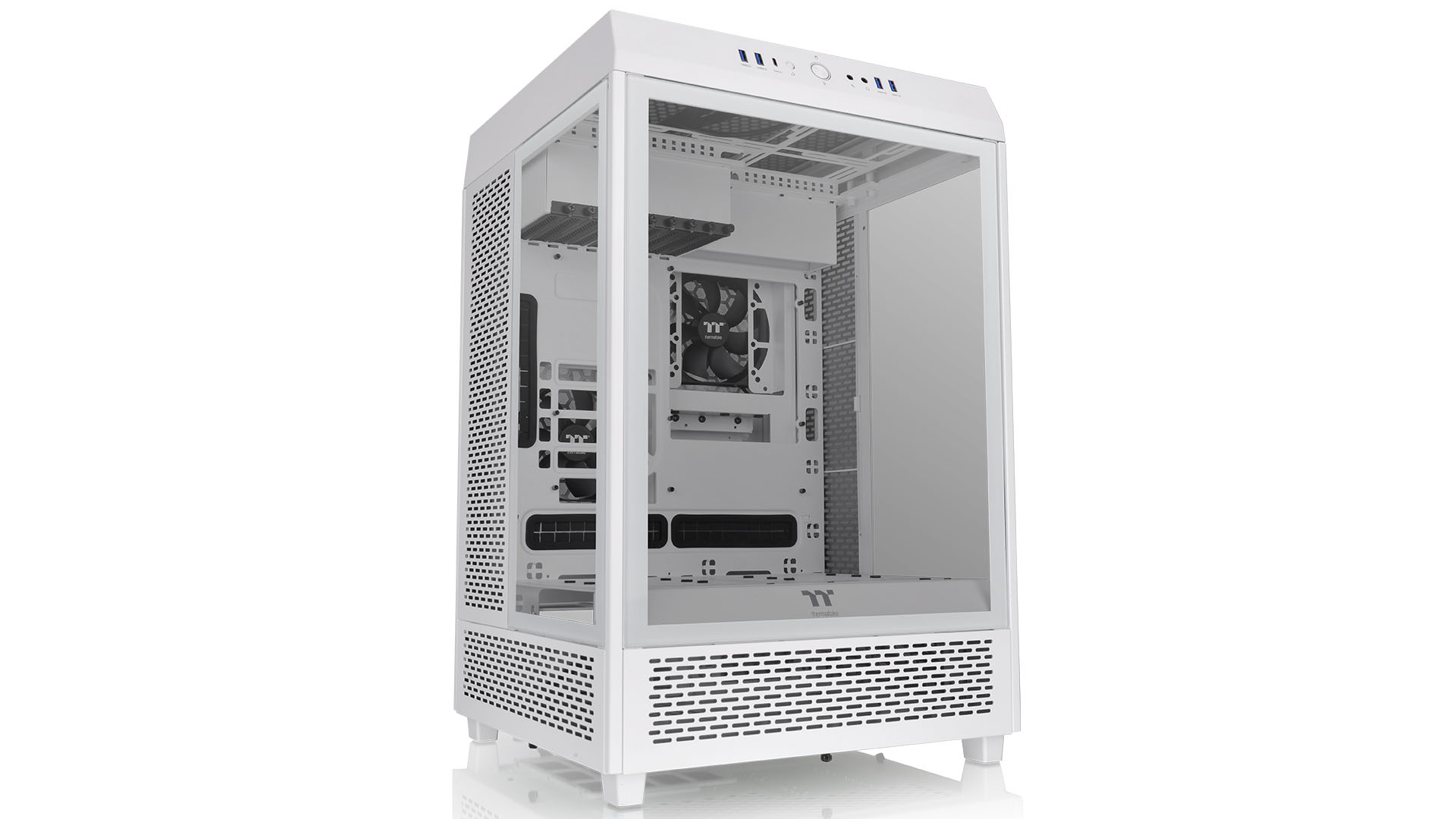 Thermaltake Tower 500 review image showing the front of the case against a white background.