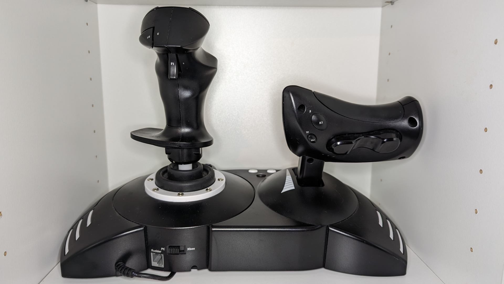 Thrustmaster HOTAS flight stick review image showing the controller from behind.