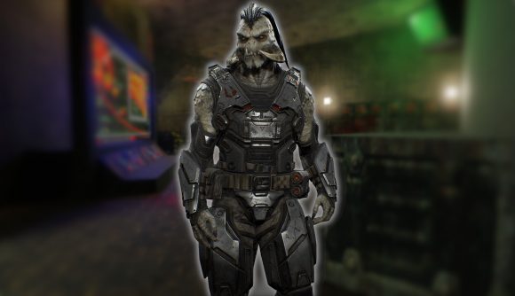A character from Unreal Tournament stands against a blurred background from Unreal