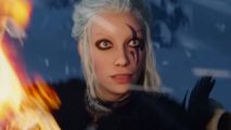 Valheim has competition in new Steam survival game, beta coming soon: A pale woman with silver, tied-back hair and heavy eyeliner, a black tattoo covering her right eye, holds a torch standing in a blizzard, eyes wide