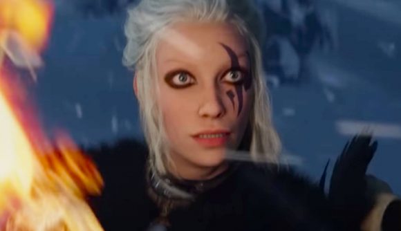Valheim has competition in new Steam survival game, beta coming soon: A pale woman with silver, tied-back hair and heavy eyeliner, a black tattoo covering her right eye, holds a torch standing in a blizzard, eyes wide