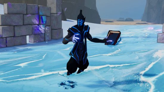 A floating cloaked figure holding a black book hovers above an icy plane with a wall behind them