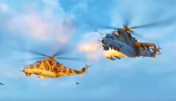 Warno jumps in player count with discount and update: Two military helicopters from RTS game Warno.