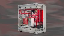 A water cooled gaming PC with red tubing in a white PC case