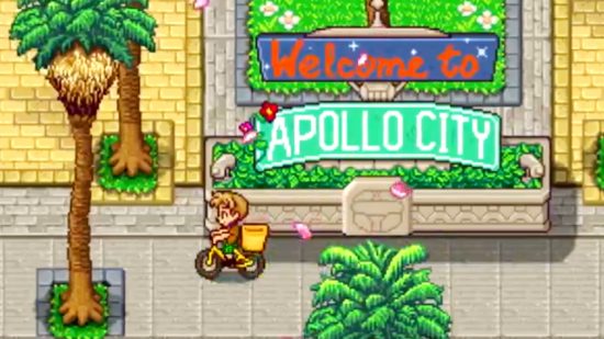 A player character rides a bike in front of a "Welcome to Apollo City" sign.