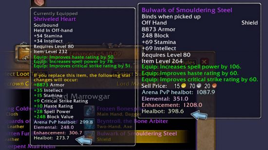 Best WoW addons: An example of Pawn in action, with helpful arrows to indicate the stat value comparisons between two separate pieces of equipment.