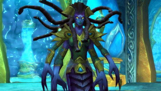 You'll be waiting a little longer to play WoW Cataclysm Classic: A Medusa style creature with four warms and twisting tentacles wearing golden armor in an underwater location