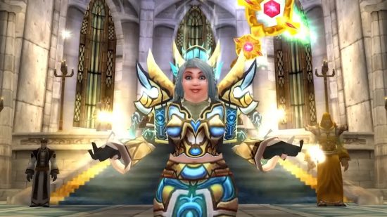 The best WoW Classic SoD Phase 2 classes: a priest showing healing energy with blue and silver armor
