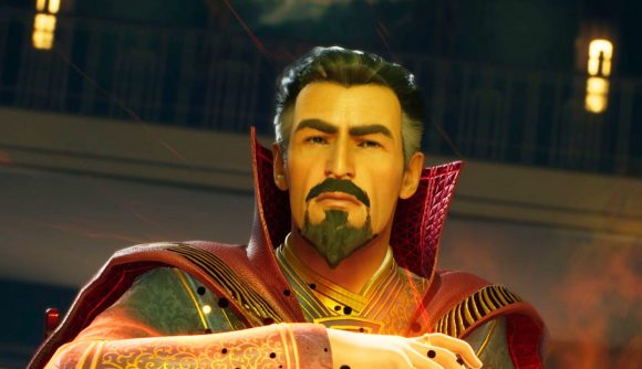 XCOM 2 Marvel's Midnight Suns Steam sale: a man with slick black hair and a goatee with a red cape and tall disco collar
