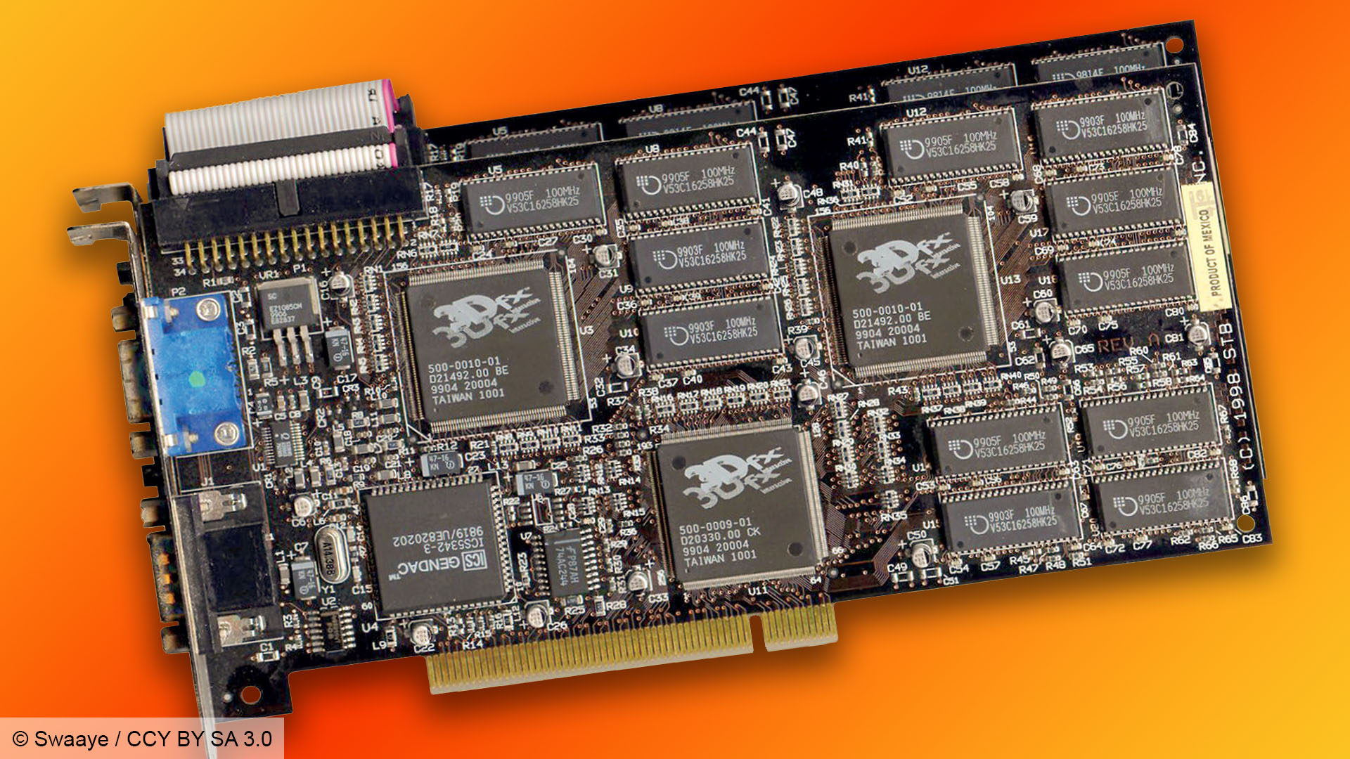 3dfx Voodoo 2: A pair of STB graphics cards connected by an SLI ribbon cable - by Swaaye
