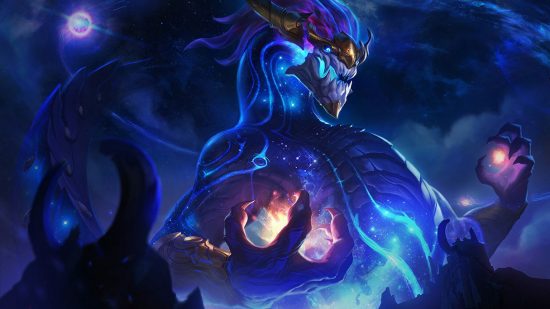 LoL tier list: a gargantuan, celestial dragon, holding planets in their hand.