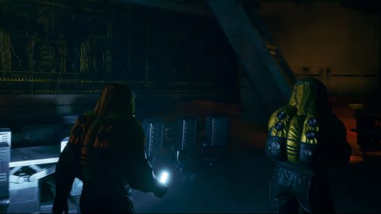 Dune awakening trailer graphics: two people in hazard suits exploring a dark laboratory