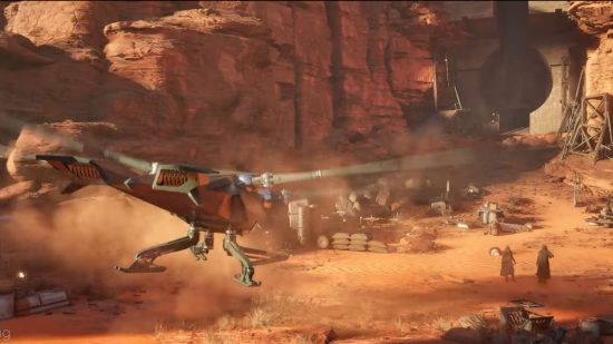 Dune Awakening trailer graphics: a Ornithopter ascends from the ground as it prepares to leave the desert sands
