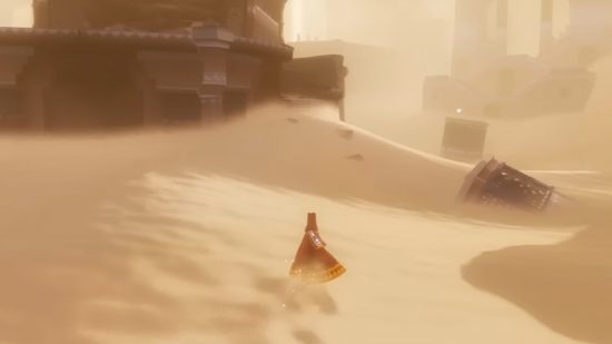Dune awakening trailer graphics: someone standing in sand with a large structure ahead of them