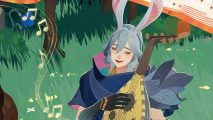 A lute-playing bunny boy character from AFK Journey relaxing on grass.