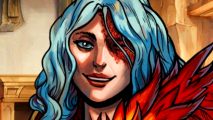 Dark fantasy city-building strategy game Against the Storm reaches Steam milestone - A woman with long, blue hair wearing a red-feathered shoulder adornment.