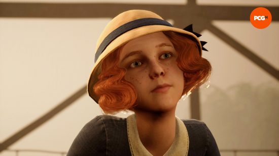 Grace, a young, red-haired girl, played by Glory Joy Rose in the Alone in the Dark cast, looks out over the Pearl River.