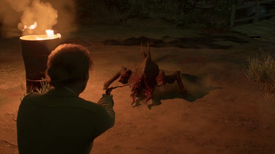 Jodie Comer's character shooting a handgun at a monster.