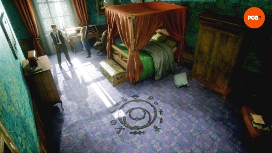 Emily and Edward stand in Dr Grey's office in Alone in the Dark, and a talisman symbol is marked into the carpet.