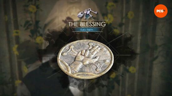The Blessing medallion, a gilded coin showing the image of a hand, two fingers pointing up, an item in Alone in the Dark.