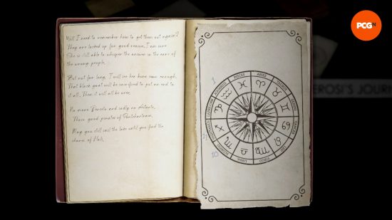 A journal featuring a wheel with all zodiac signs, each associated with a number, part of the Alone in the Dark combination lock puzzles.