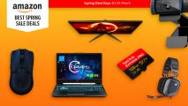 A collection of gaming hardware against a bright orange background for Amazon Big Spring Sale