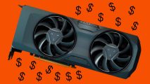 AMD Radeon RX 7700 XT against an orange background with fifteen dolla signs dotted around it