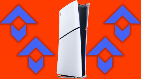 A PS5 surrounded by rotated blue AMD logos