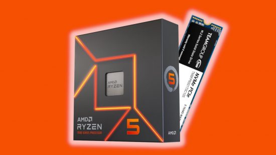 An AMD Ryzen 5 7600X with an NVMe SSD peering out from behind its box