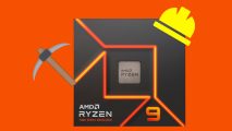 An AMD Ryzen CPU sporting a hard hat and wielding a pickaxe