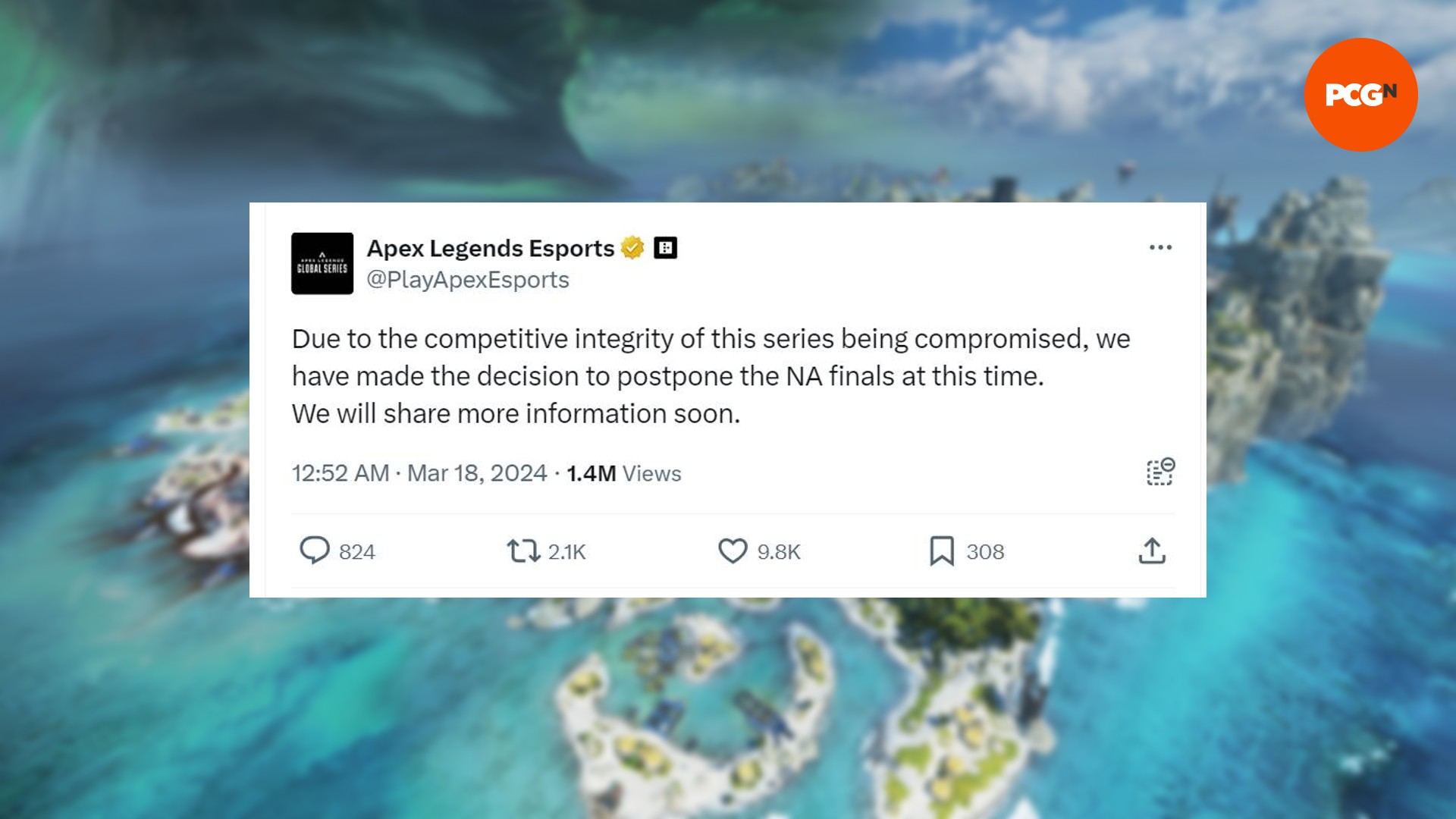 Ein Kommentar vom Twitter-Account von Apex Legends, in dem es um die Entscheidung geht, das ALGS NA-Finale aufgrund von Problemen mit der Wettbewerbsintegrität zu verschieben