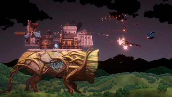 Arche von Charon – Fliegende Kreaturen greifen eine Stadt auf dem Rücken einer riesigen, vierbeinigen, baumähnlichen Kreatur an.