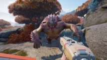 Ascendant beta giveaway: first-person view of a giant monster attacking the gun-wielding player character.